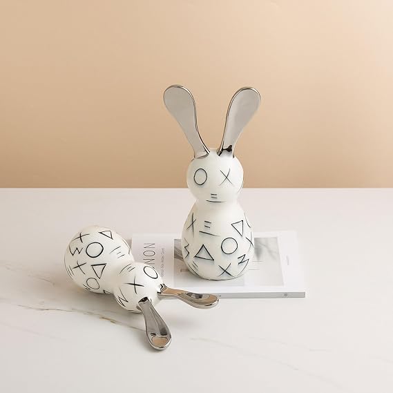Modern Geometric Ceramic Rabbit Sculpture - Crackle Glaze & Silver Electroplated Ears (31cm/24cm) - Abstract Home Decor Art Gift(11.8 * 9.5 * 24cm)