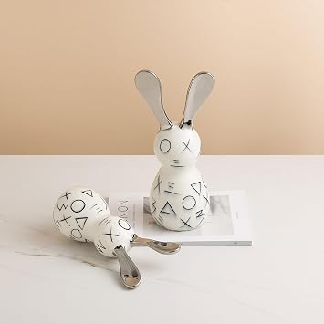 Modern Geometric Ceramic Rabbit Sculpture - Crackle Glaze & Silver Electroplated Ears (31cm/24cm) - Abstract Home Decor Art Gift(11.8 * 9.5 * 24cm)