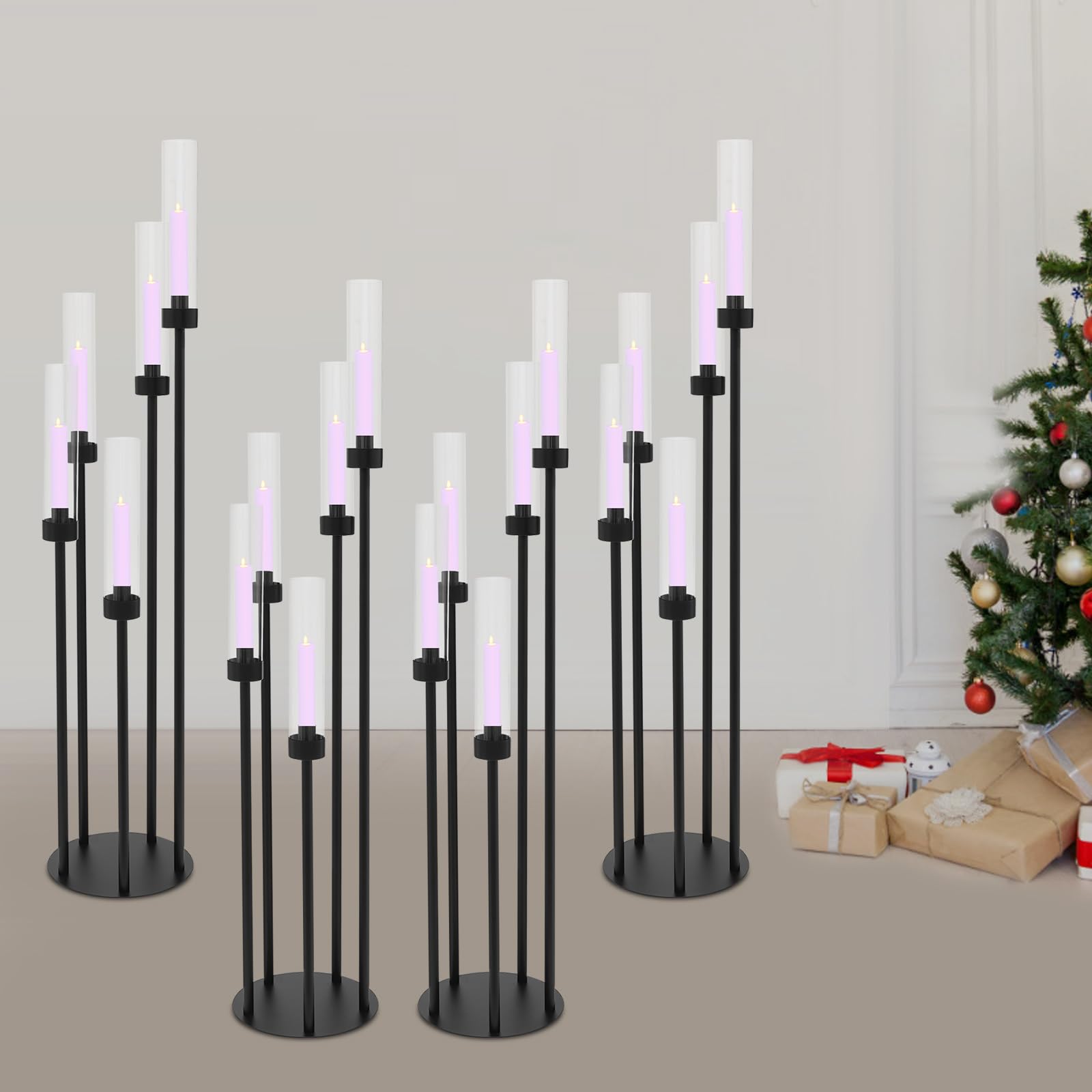 4er-Set Kerzenständer, 5 Armig Boden-Kerzenhalter, Metall Kerzenhalter mit Acryl Lampenschirm, 100cm Hohe LED-Kerzenständer für Heimdekoration, Hochzei, Partys (Schwarz)