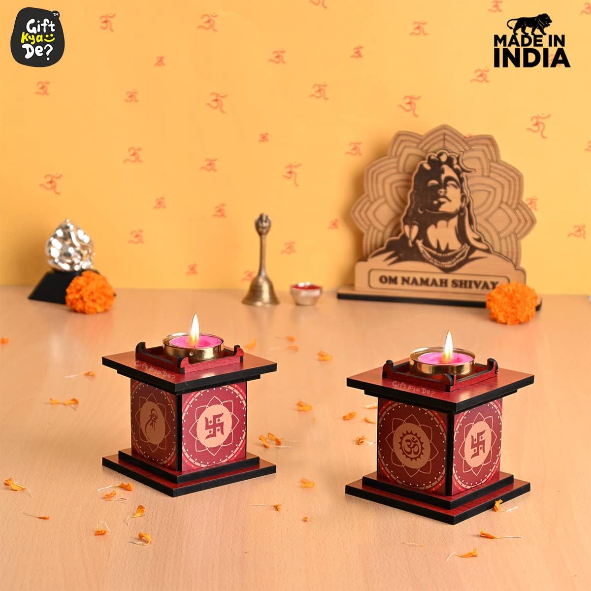 GKD Diya Stand Wooden Traditional Tulsi Chaura Design Oil Lamp Handcrafted Pooja Decoration Items and Diwali Pooja thali and Rangoli Decorations Indian Gift Item (Pack of 2)