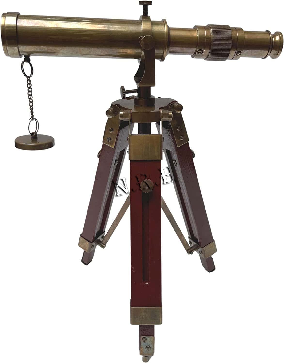 Telescopio de trípode de latón marino antiguo de 10 pulgadas con soporte de trípode ajustable