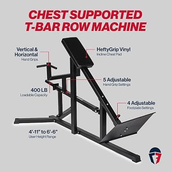 آلة T-Bar Row المدعومة بلوحة اللياقة البدنية T-Bar Row ، سعة 400 رطل ، آلة تدريب قوة الظهر المائلة مع لوح قدم قابل للتعديل من الماس ومقابض متعددة القبضة