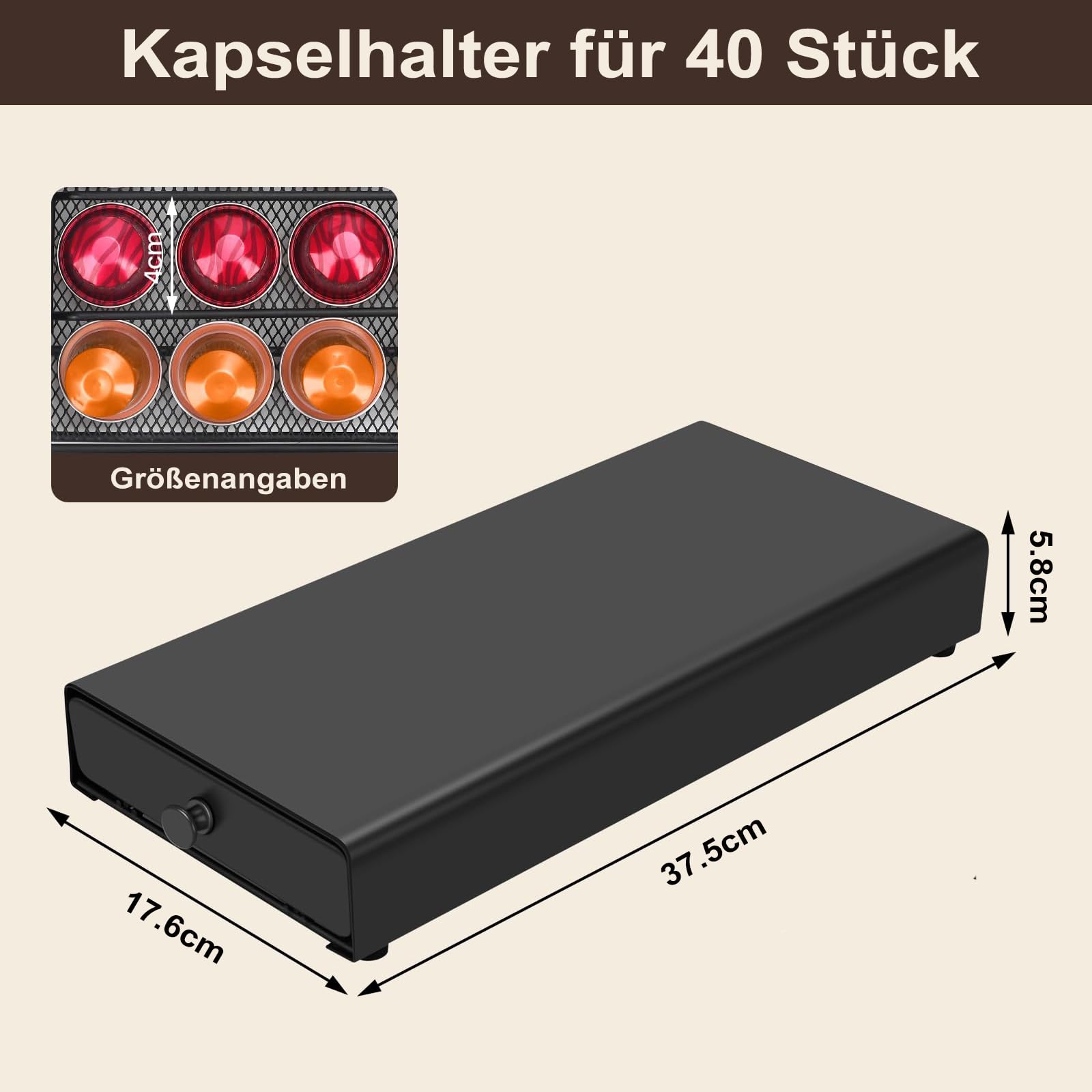Portacapsule da caffè, compatibile con capsule Nespresso, dispenser per capsule, cassetto, 40 pezzi, 37,5 x 17,6 x 5,8 cm, per casa, ufficio, caffè, nero