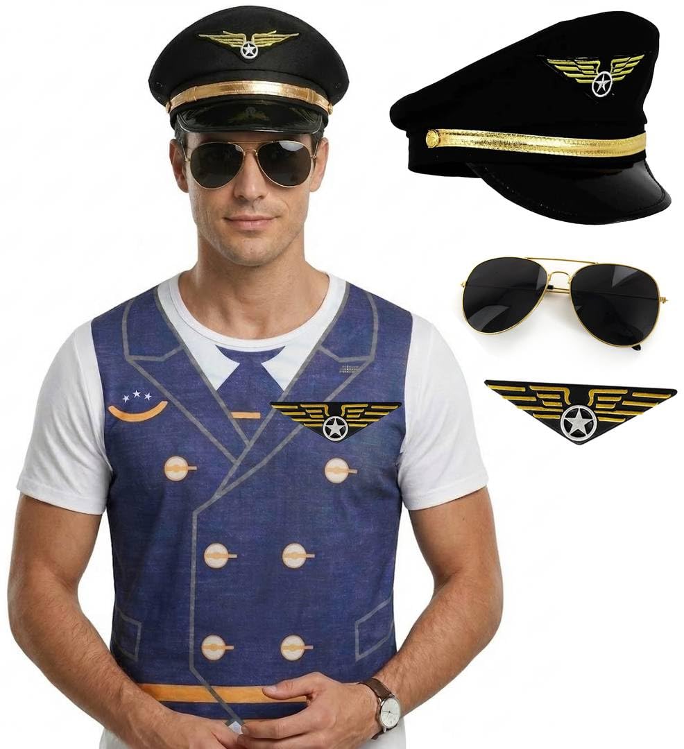 Conjunto de disfraz de piloto para adultos, camiseta de capitán de avión, sombrero de aviador y gafas de sol de piloto, insignia de alfiler, disfraz de capitán de aerolínea para Halloween, Día Mundial