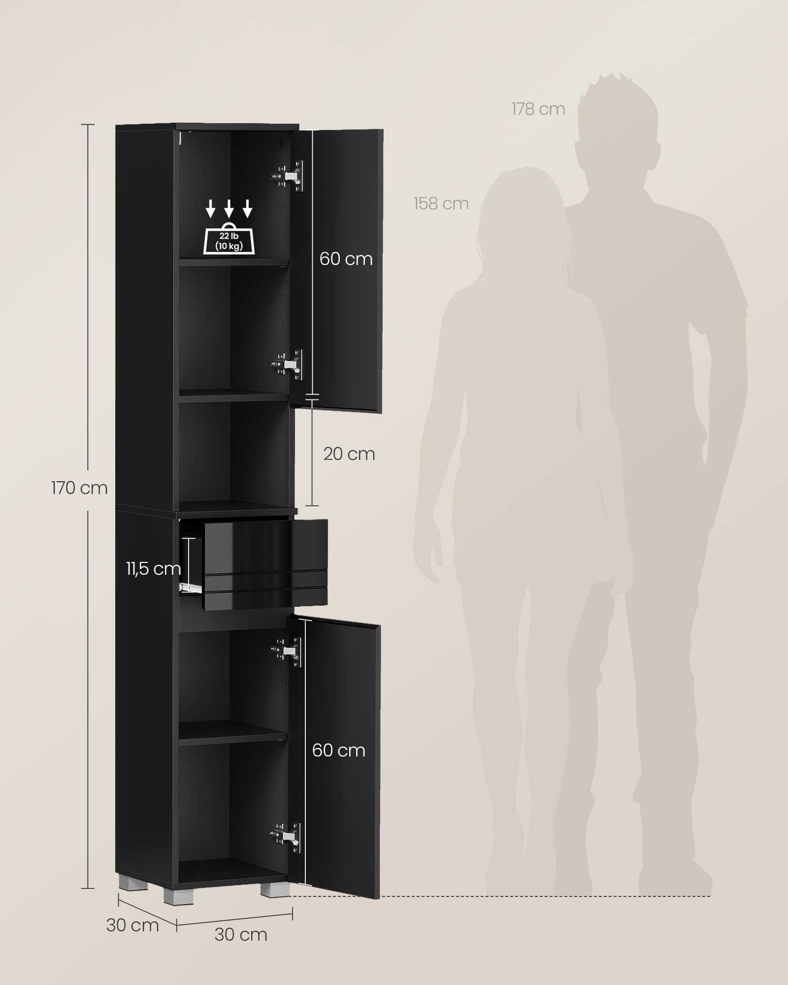 Vasagle - Armoire murale de salle de bain haute 19,5 x 21,4 x 180 cm - 4 étagères réglables Vasagle - Armoire murale de salle de bain haute 19,5 x 21,4 x 180 cm - 4 étagères réglables