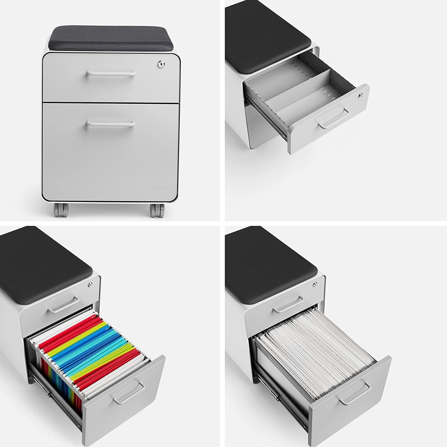 Poppin Mobile Mini Sittable Stow Rolling File Cabinet - White & Light Gray w Dark Gray Seat Cushion. Two Locking Drawers & One Key Lock. Two Keys Included. One Utility Drawer & One Hanging File Drawer