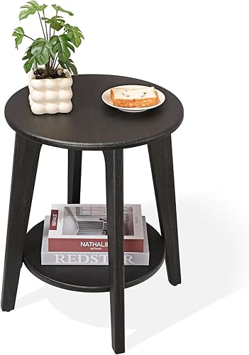 Miniatura 12 de Mesa auxiliar redonda pequeña de madera con estante inferior, mesita de noche moderna para espacios pequeños, sala de estar, dormitorio, marrón