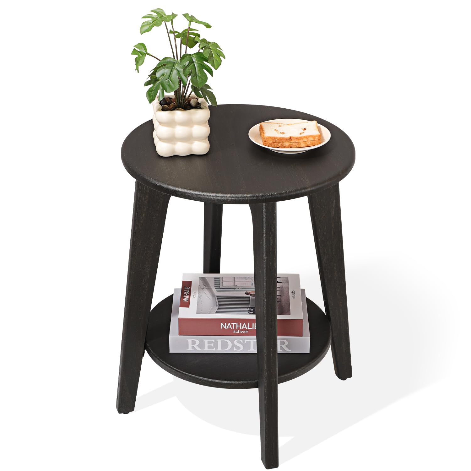 FEUFOAM Round Side Table Black Gold Wooden End Table with Lower Shelf Rustic Vintage Nightstand Beside Table for Living Room Bedroom Small Spaces