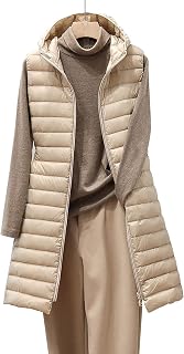 Beudylihy Women's Down Vest, Long Winter Coat Vest with Hood, Vest Coat, Sleeveless Warm Down Coat with Pockets, Lightweight Long Slim Vest Jacket, Zip, Plain