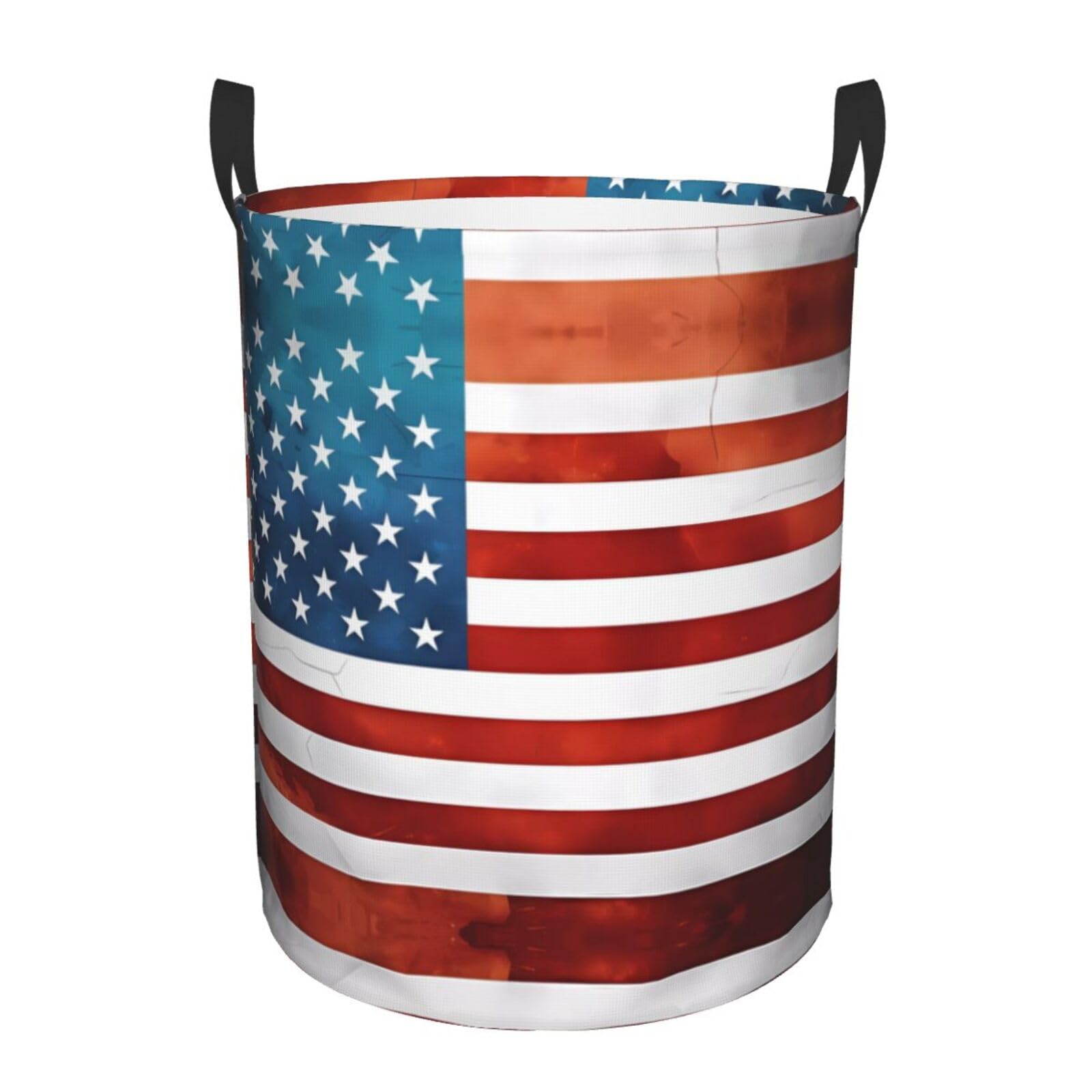 M Collapsible Vintage American USA Flag Print Circular Hamper Round