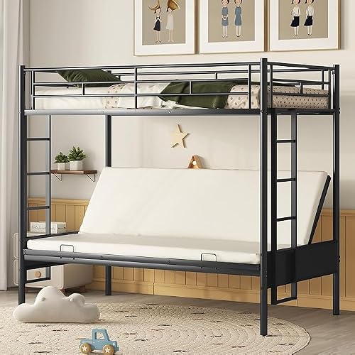 Twin Over Futon/Full Bunk Bed, Bed Frame with Sturdy Steel Frame, Convertible Metal Bunk Bed Couch and Bed with Guard Rail Ladder for Kids Adults Teens,Black
