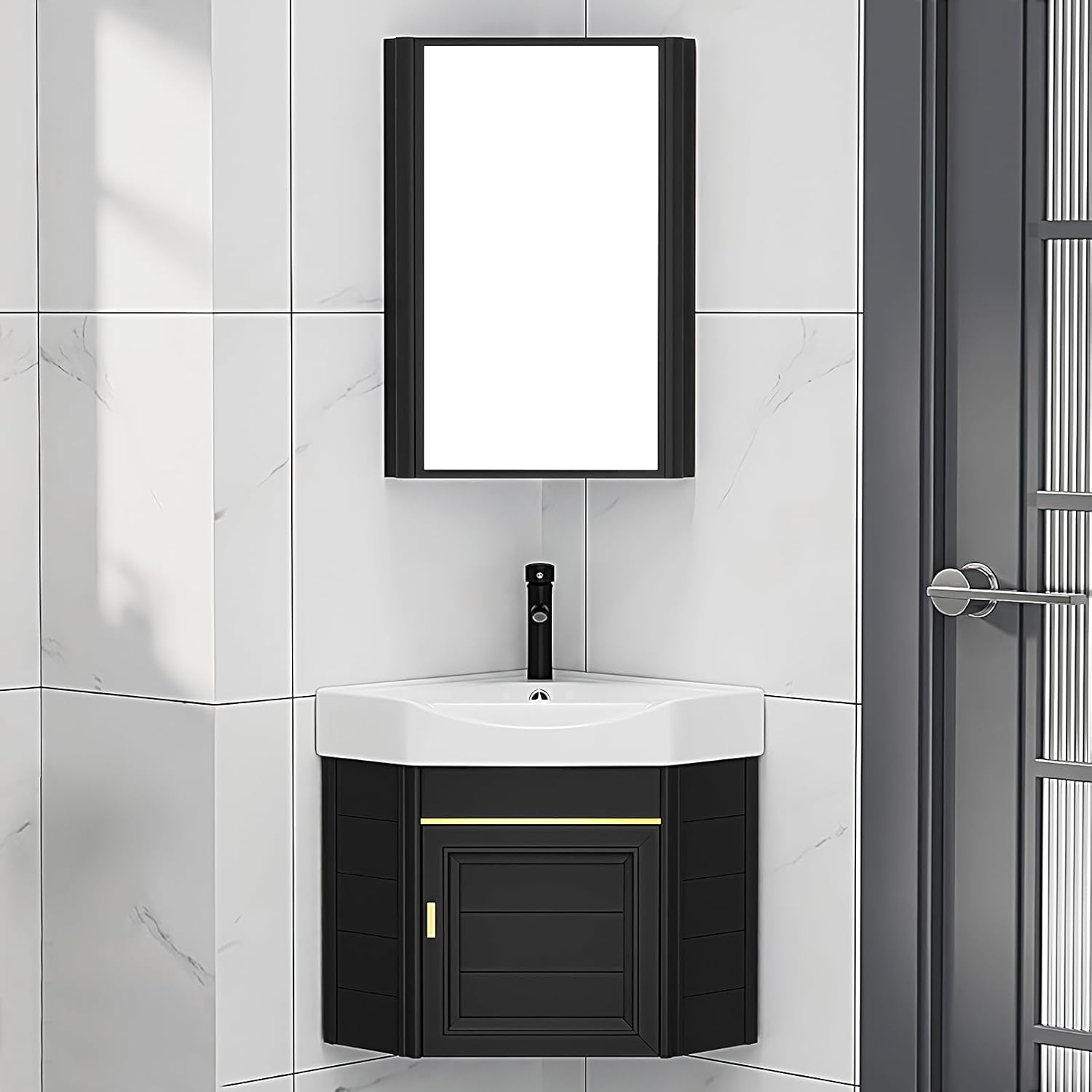 Sink,Bathroom Vanity Sink, Corner Vanity Cabinet with Ceramic Sink & Mirror Cabinet, Wall Mounted Bathroom Vanity Sink Set for Small Space(A 38cm/15in)