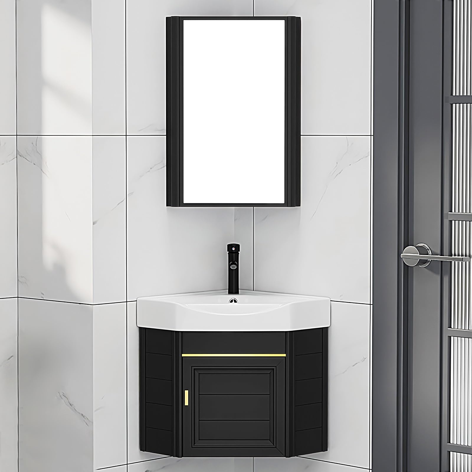 GLJTUO Corner Bathroom Vanity Cabinet with Ceramic Sink & Mirror Wall Mounted Small Space Saver,C-43cm/16.9in