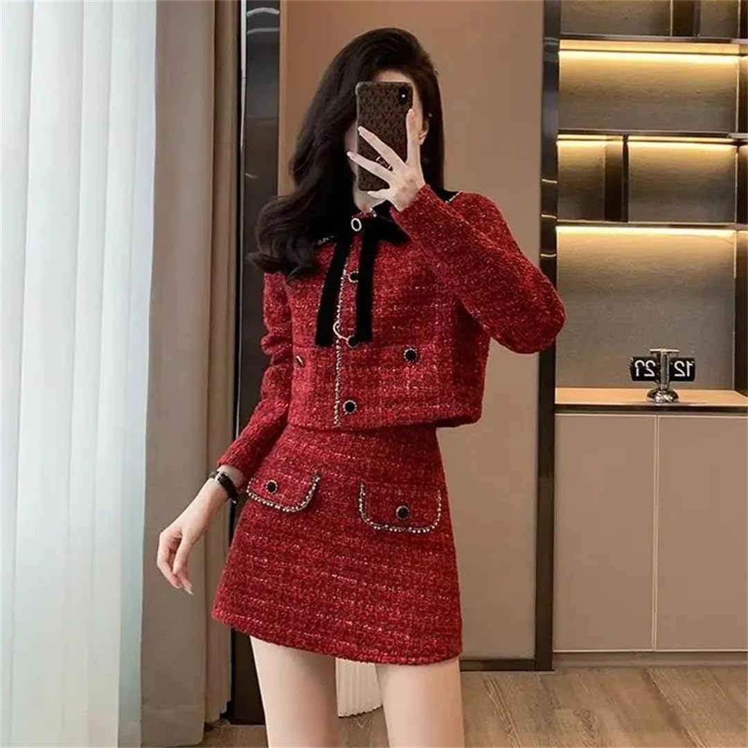 Women Sequins Tweed 2 Piece Sets Spliced Long Sleeves Jackets Blazer + Straight Mini Sskirt Suits