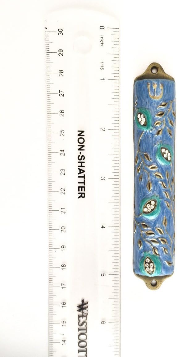 Bless This House, Mezuzah Case - Mezuzah Cover, Pomegranate Tree Design Crafted in Heavy Brass, Jerusalem Judaica, Israel, Door Mezuza Case 4" (Blue)