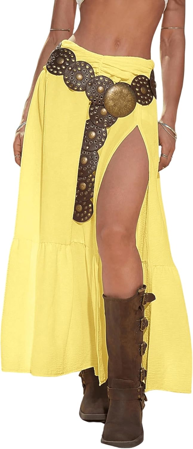 SHENHE Women's Western Boho Maxi Skirt Lace Ruffle High Slit Flowy Country Cowgirl Skirts