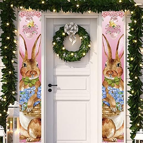 Frohe Osterdekorationen Osterhase Schriftart Veranda Weclome Schild Osterhase Banner Religiöse Jesus Osterdekoration und Zubehör Cover