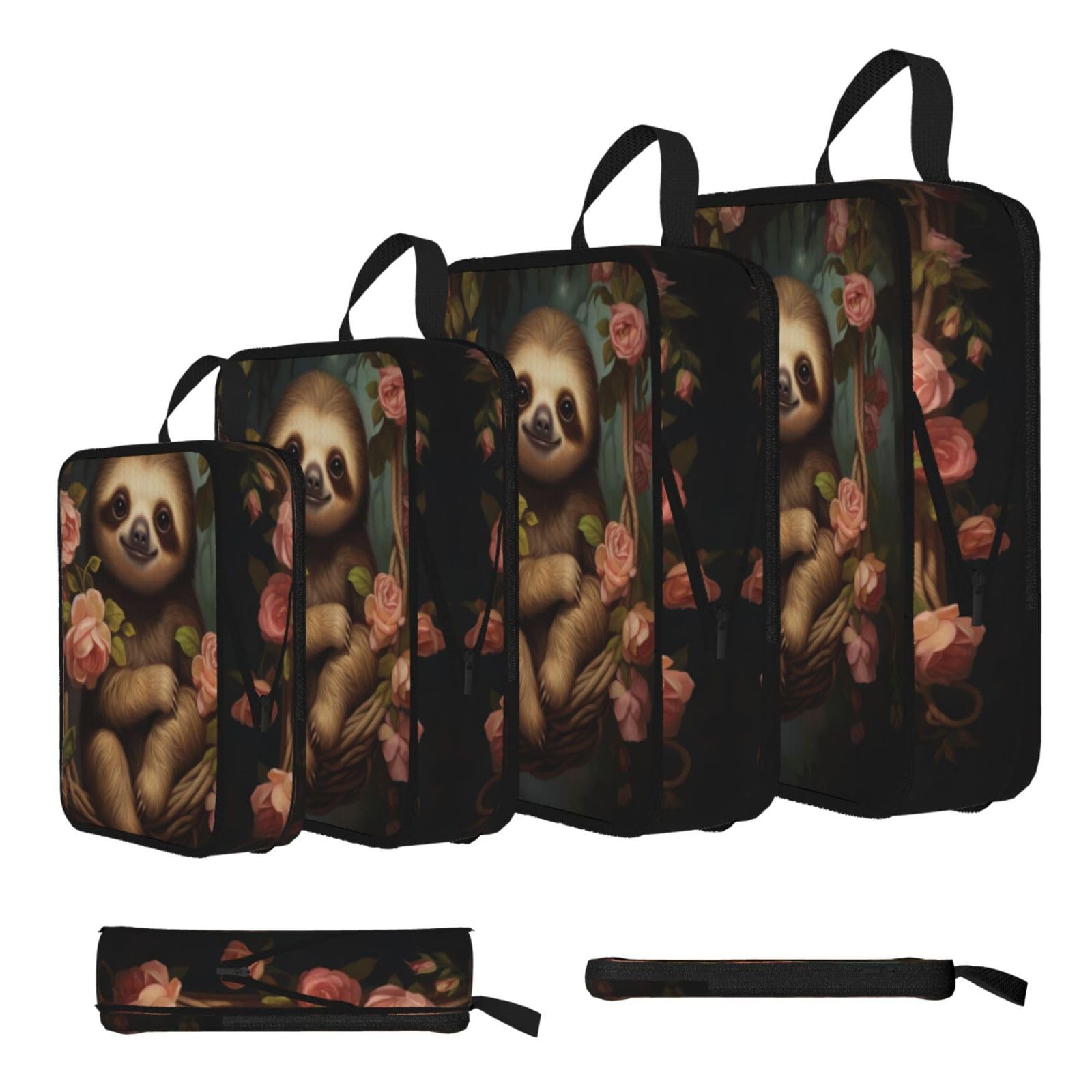 Sxzvvbn Black Sloth Surrounded By Roses Compression Packing Cubes 4 Piece Set