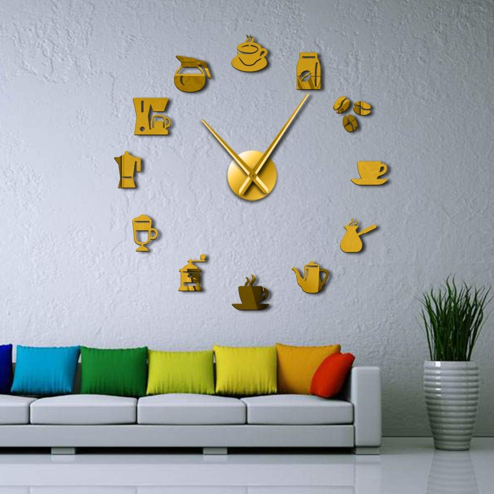Horloge géante café bricolage or 27" pour cuisine moderne