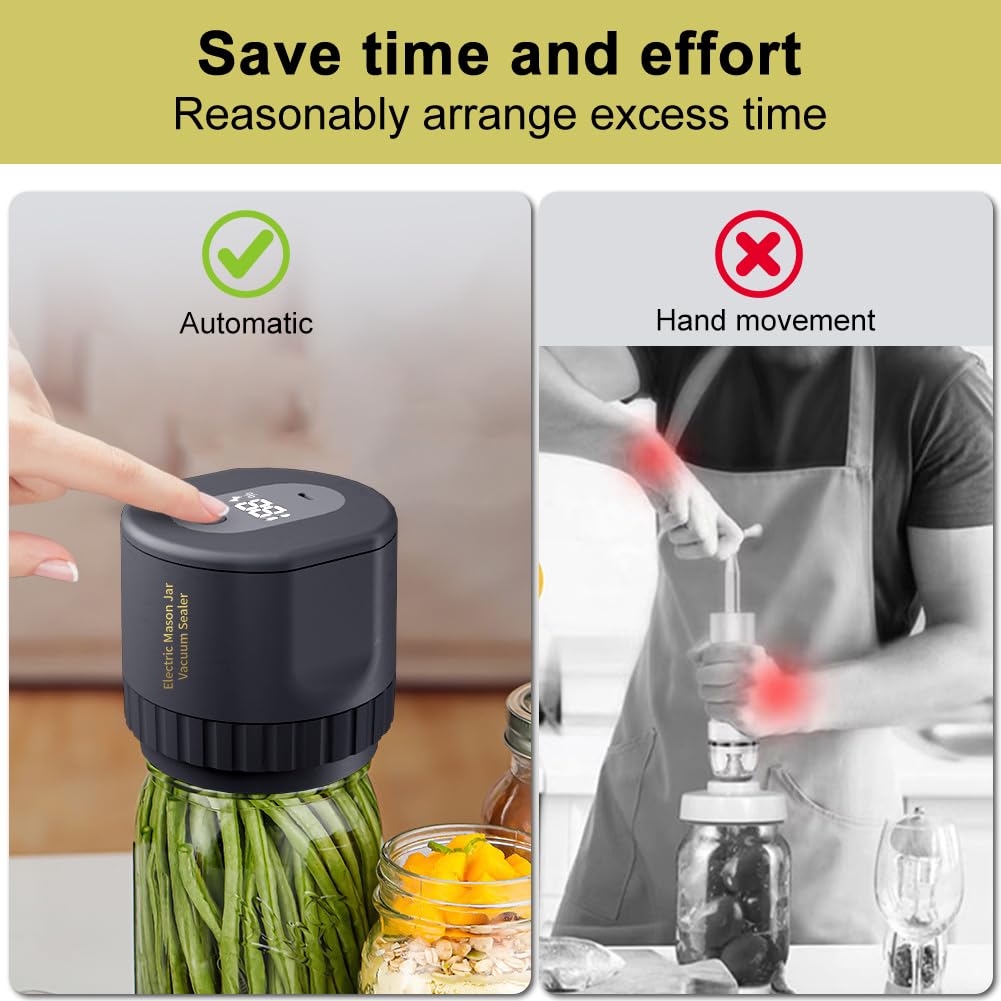 Electric Mason Jar Vacuum Sealer Kit, Vakuumversiegelungsmaschine für Lebensmittel mit LED Anzeige, Einmachglas Versiegelungs Set für die Lebensmittellagerung für Breite und Normale Öffnung (Schwarz)