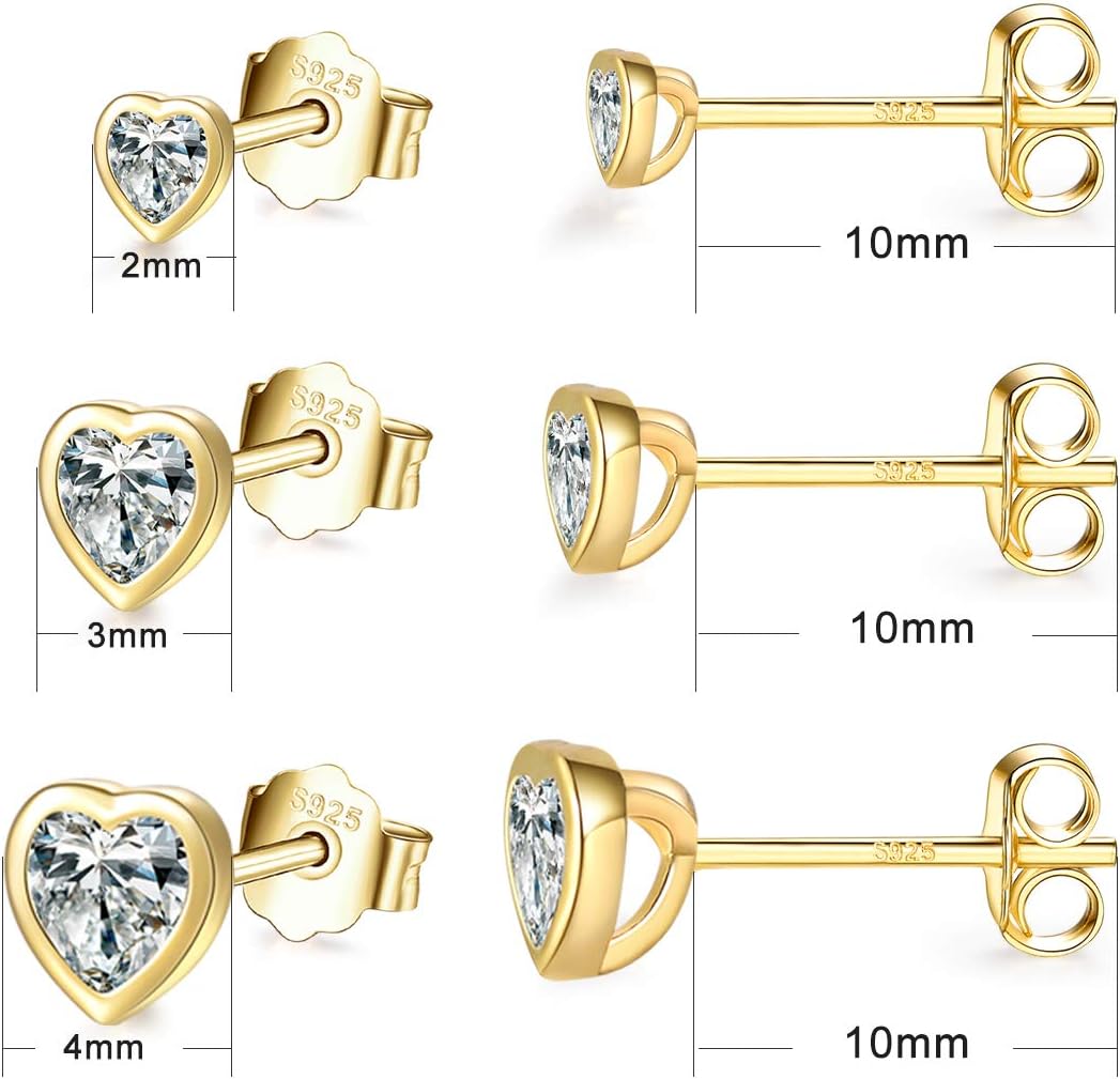 Sterling Silver Small Stud Earrings for Women Men, 3 Pairs of Tiny Heart Shaped Cubic Zirconia Earrings White Gold Plated CZ Cartilage Tragus Earrings(2mm/3mm/4mm) - Image 3
