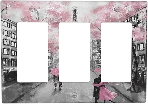 París Street Torre Eiffel rosa floral triple interruptor de luz interruptor de luz decorativa placa de pared 3 segmentos Decora cubiertas de toma de