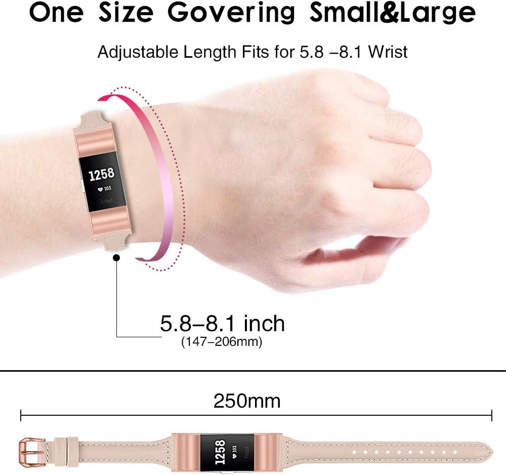 JOYOZY Leather Band Compatible with Fitbit Charge 2 Replacement Bands,Slim Classic Genuine Leather Wristband Fitness Strap Women(Beige with Rosegold Buckle)
