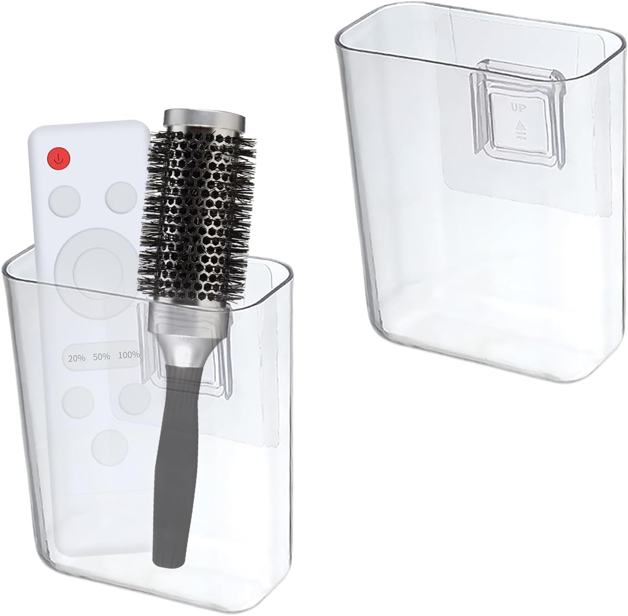 2 Pack Clear Wall Mount Remote Control Pen Holder No Drilling, Adhesive Acrylic TV Remote Caddy for Office Bedside Storage, Universal Media Organizer Box for Key Makeup Brush, Small