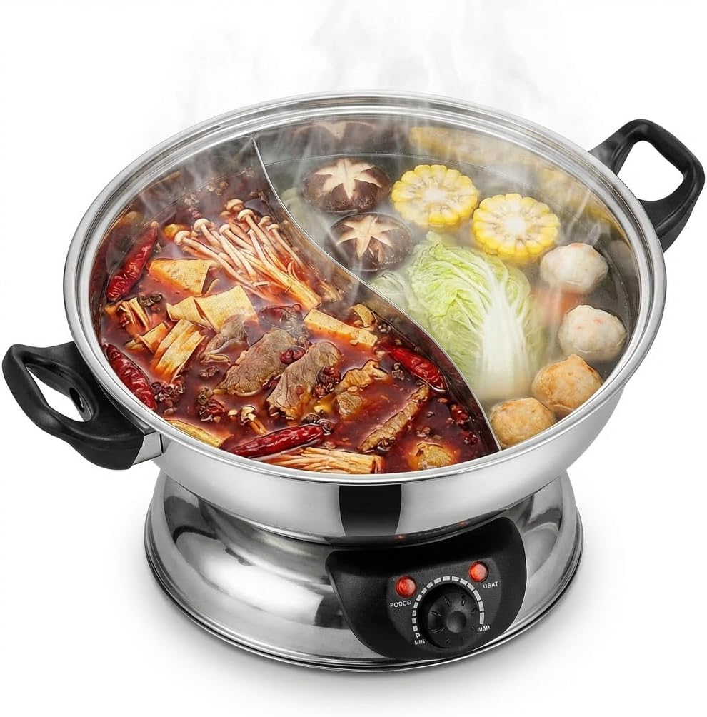 Sonya 5.1 L Electric Dual-Sided Shabu Shabu & Mongolian Hot Pot – Stainless Steel, Large Capacity for Family Meals & Hot Pot Parties