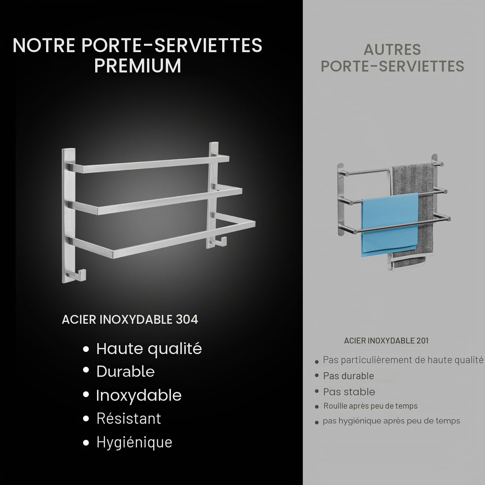 Porte-serviettes mural de qualité supérieure en acier inoxydable 304, porte-serviettes de bain avec beaucoup d'espace pour un séchage rapide, barre porte-serviettes à 3 niveaux de 60 cm