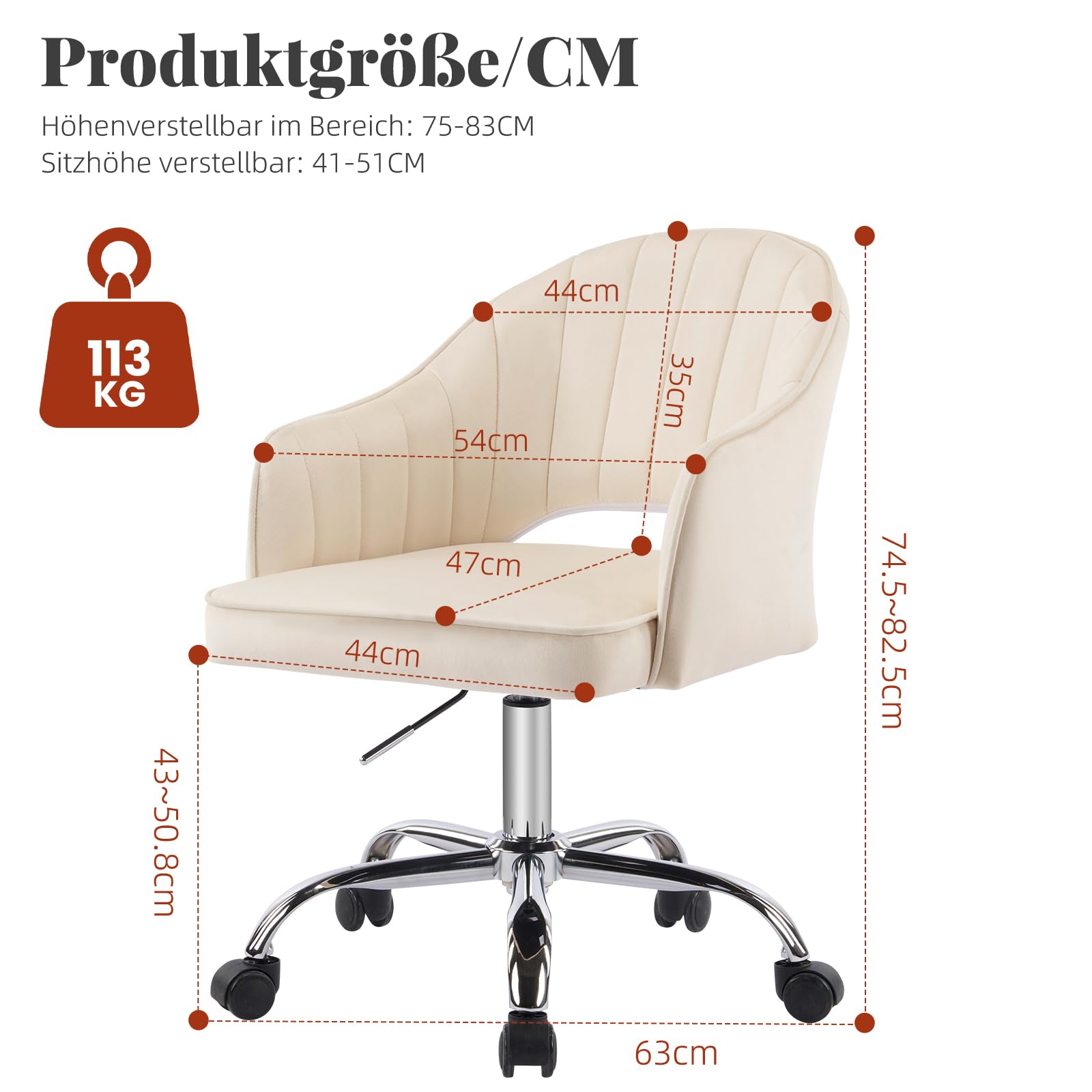 Homeoffice krzesło biurowe, obrotowe, z regulacją wysokości, aksamitne, ergonomiczne, do gabinetu, sypialni, obciążenie do 113 kg, kremowo-białe