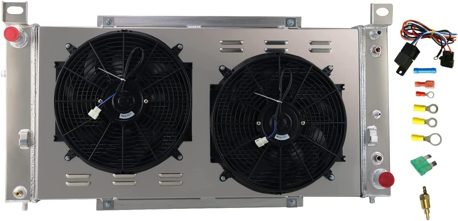 34 Inch Radiator for 1999-2014 Chevy GMC Silverado Sierra Escalade Tahoe 4.8 5.3 6.0 6.2, 1 Row Aluminum Radiator + Electric Fan Shroud + Relay Kit