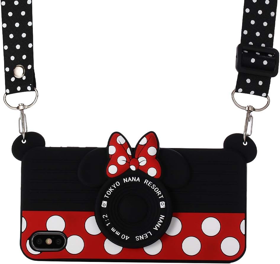 iPhone Xs Max Case with Strap, Umiko 3D Cute Lovely Soft Silicone Cartoon Minnie Mouse Protective Case Camera Design Fashion Gift for iPhone Xs Max Girls Teens Kids Boys Women