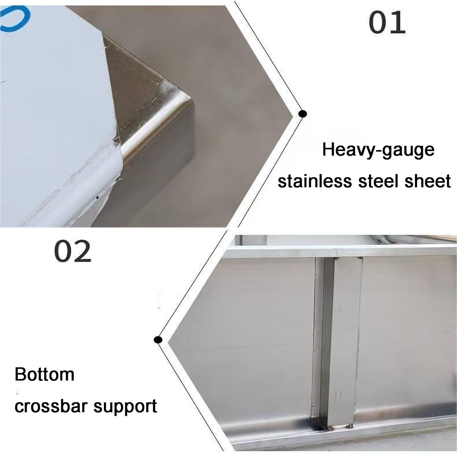 2-Tier Stainless Steel Workbench 80 Cm High with a Raised Splash-Proof Back Panel Can as an Extension Table Compact Work Table Triangular Connection Adjustable Legs