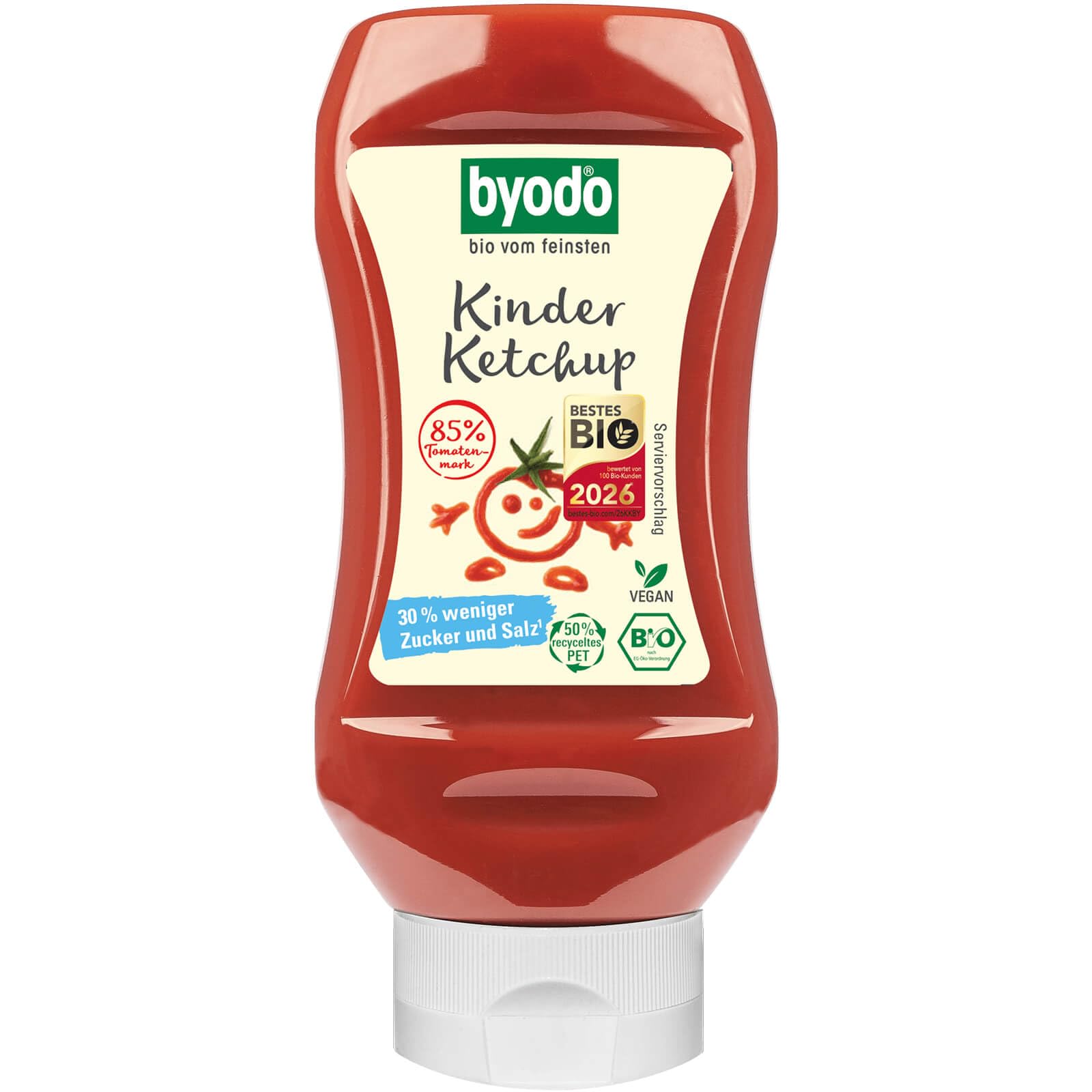 Byodo Bio Kinder Ketchup I 6 x 300ml Squeeze Flasche I Besonders fruchtige Sauce mit feiner Agave gesüßt I Veganer Tomatenketchup mit 85% Tomatenmark-Anteil I Milde Burger- & Pommessauce für Kinder