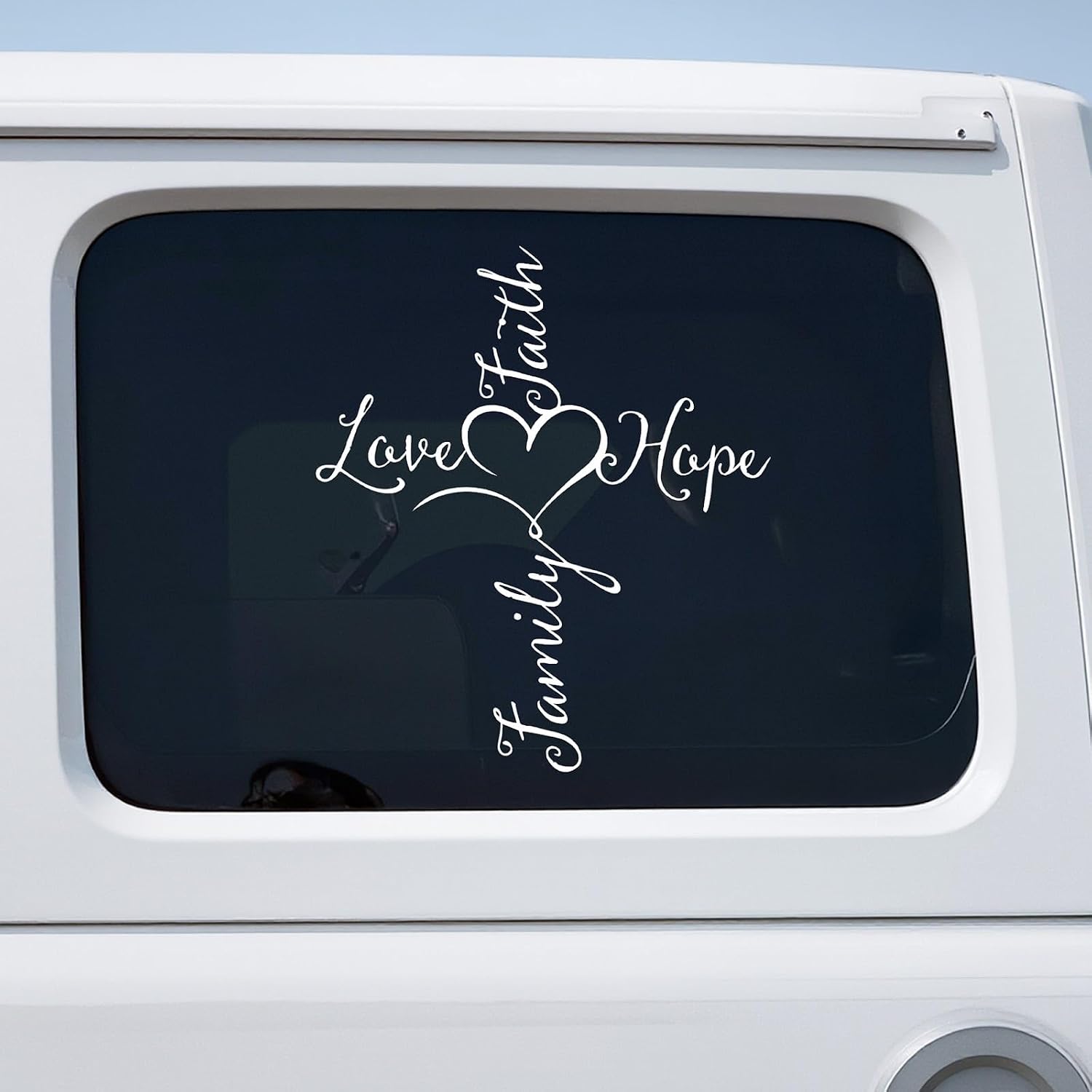 2Pcs - No Background - Waterproof Car Sticker Decal of Faith Hope Love Family Cross with Heart Symbolizing Unity (White, 7'' x 8.1'') |k19974WH