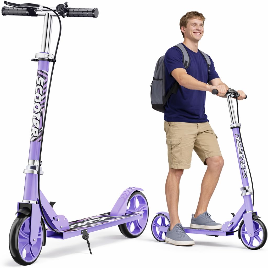 fanado Scooter for Kids Ages 8-12, Teens & Adults - Lightweight, Foldable, 200mm Big Wheels, Hand Brake & Bell, 4 Adjustable Height Levels, Perfect for School, Campus and Park Rides (Purple - New)