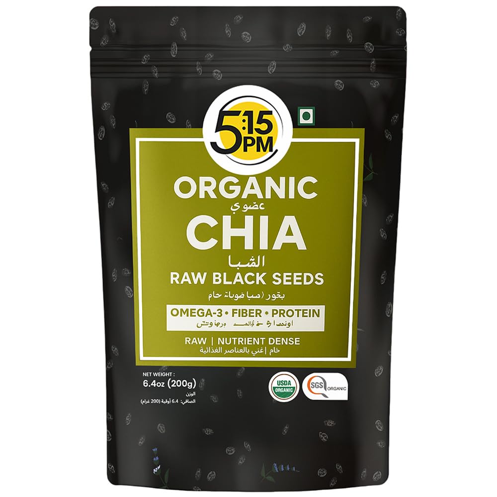 5:15PM Certified Organic Chia Seeds 200gm | Organic Raw Unroasted Black Chia Seeds for eating with Omega 3 and Fibers