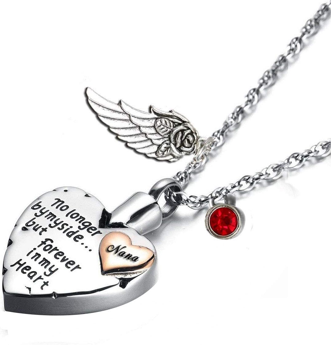 PREKIAR Heart Cremation Urn Necklace for Ashes Angel Wing Jewelry Memorial Pendant and 12 PCS Birthstones No Longer by My Side But Forever in My Heart
