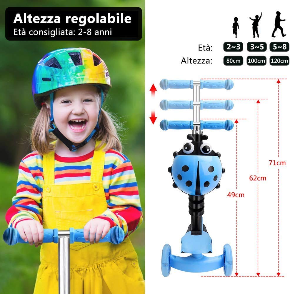 YOLEO Patinete para Niños 5-en-1, Patinete 3 Ruedas LED Parpadeantes, Scooter para Niños con Manillar Ajustable Asiento Extraíble de 2 a 8 años, Carga Máxima de 50 kg