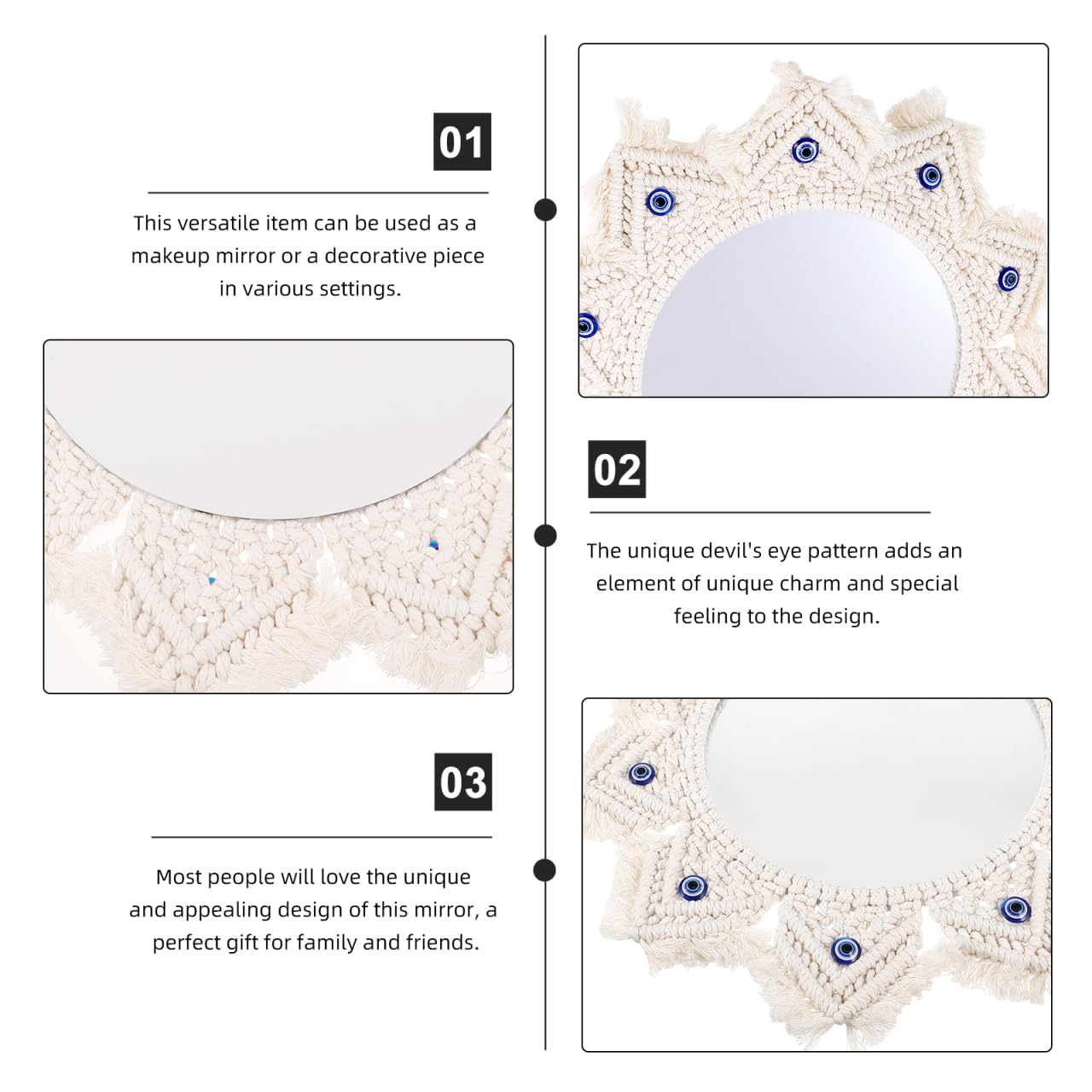 Luxshiny Miroir mural décoratif en macramé - Motif mauvais œil - Décoration murale pour chambre d'enfant, chambre à coucher, salon