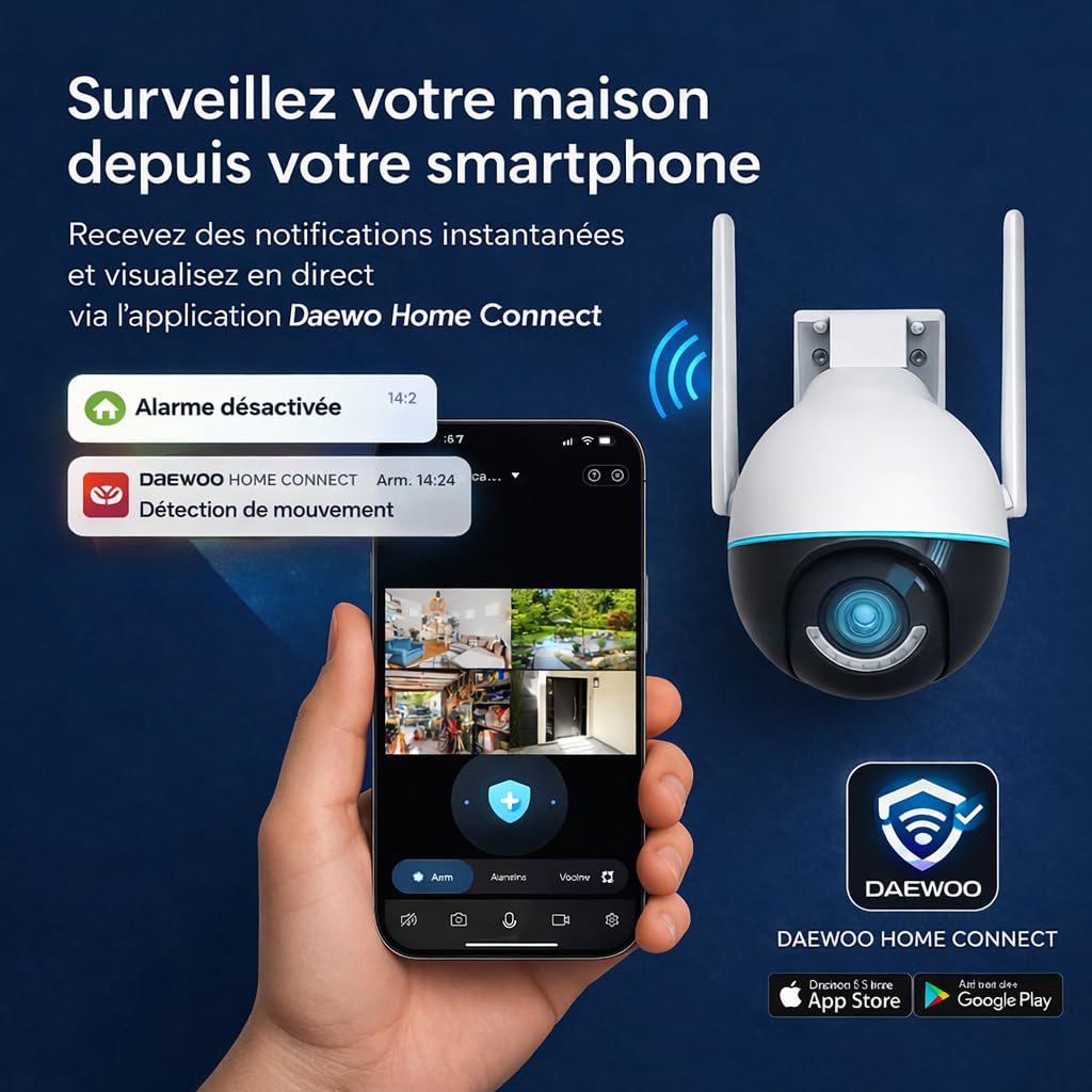 Daewoo Security Pack Alarme Maison AM311 – Centrale Tactile Wi-FI & GSM, 2 Caméras HD 1080p Rotatives Intérieure IP506 & Extérieure EP506, Sirène WOS305, Détecteur Anti-Animaux, sans Abonnement