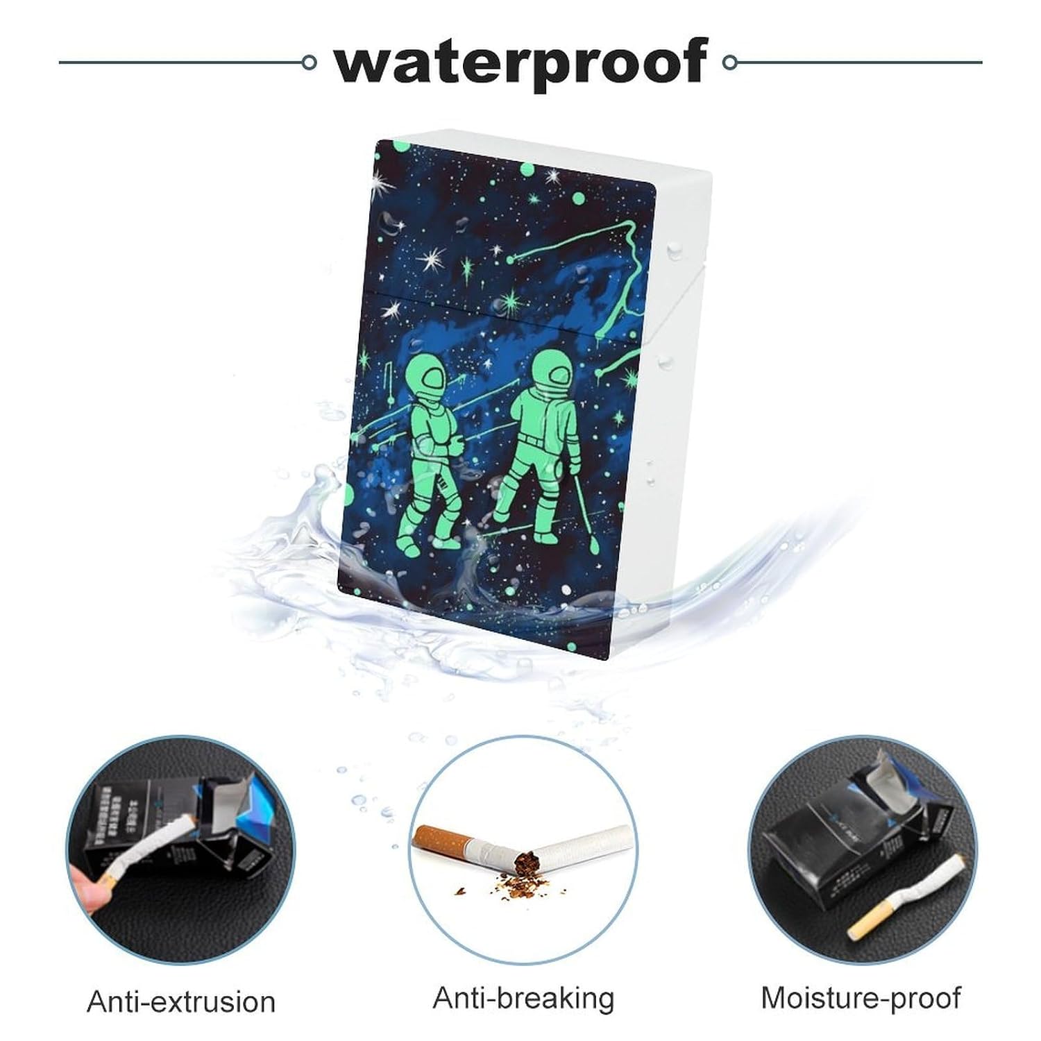 Glow in The Dark Cigarette Case, Plastic Waterproof Shockproof, Airtight Push Open Cigarette Box, Capacity King Size Cigarette Holder, Portable Cigarette Container for Outdoor Travel Camping Office