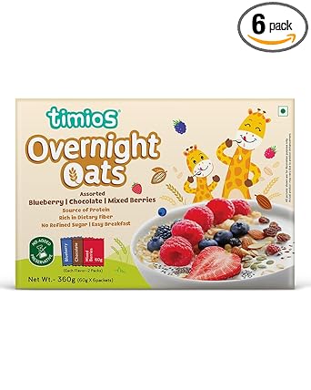 Timios High in Protein Overnight Oats, Healthy Oatmeal Breakfast, 2 Blueberry, 2 Chocolate&2 Mixed Berries Flavour, High in Dietary Fiber&Calcium, Oats With Chia Seeds, Dry Fruits&Nuts, Pack of 6-360g - image, photos