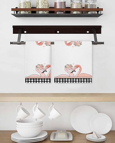 Miniatura 3 de Kitchen Towel 2 Packs Cotton Waffle Weave, Valentine's Day Flamingos Heart 16 x 24 Inch Absorbent Quick Drying Dish Towels Clothes for Kitchen