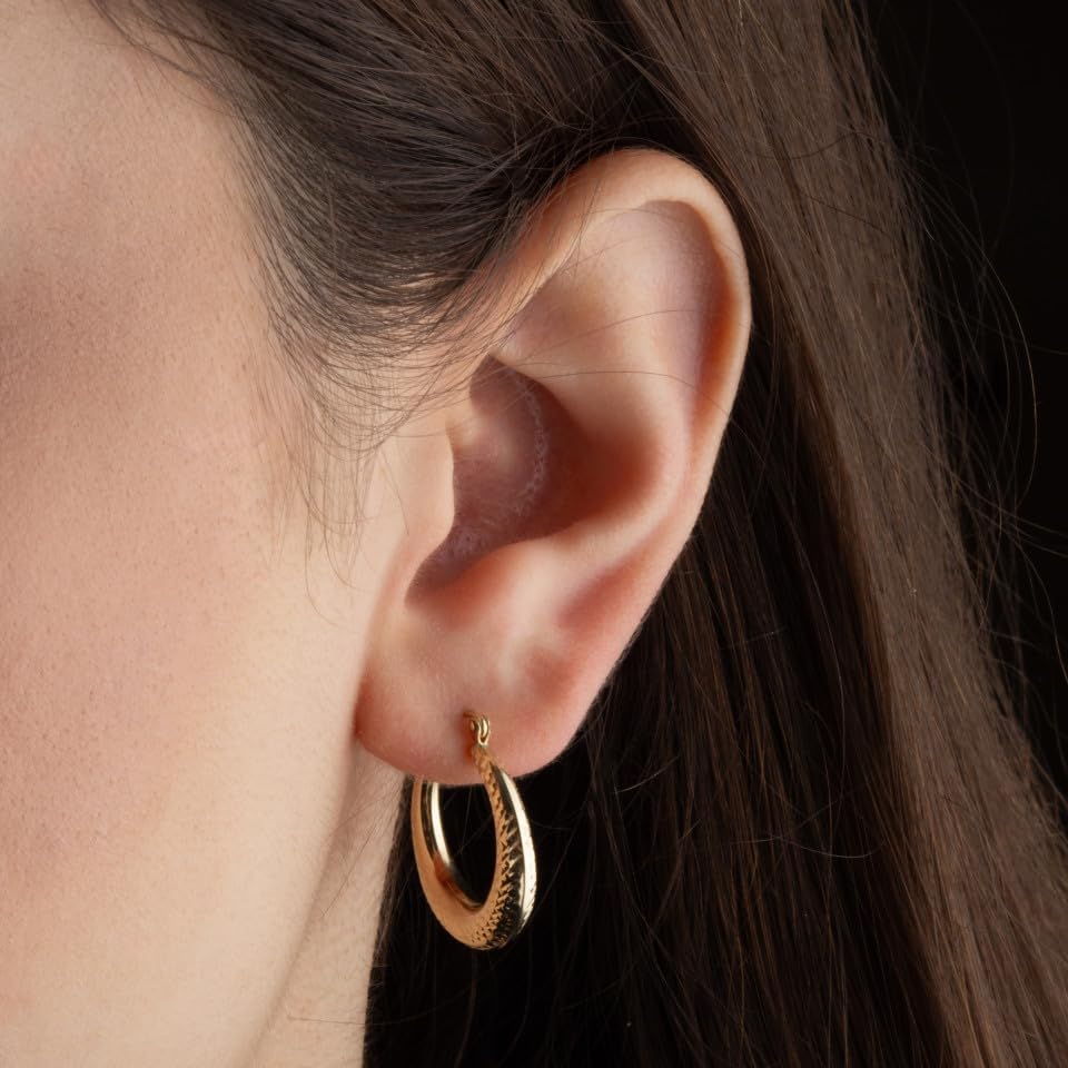 10K or 14K Yellow Gold Sparkle Cut Textured 4mm Thickness Rounded Reversible Hoop Earrings for Women Girls, 20mm Diameter