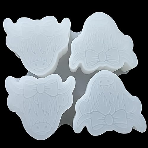 Miniatura 4 de Más de 300 diseños opcionalesMolde Freshie con forma de vaca de las tierras altas de Fuehbur de 4 cavidades, moldes de resina epoxi de silicona para