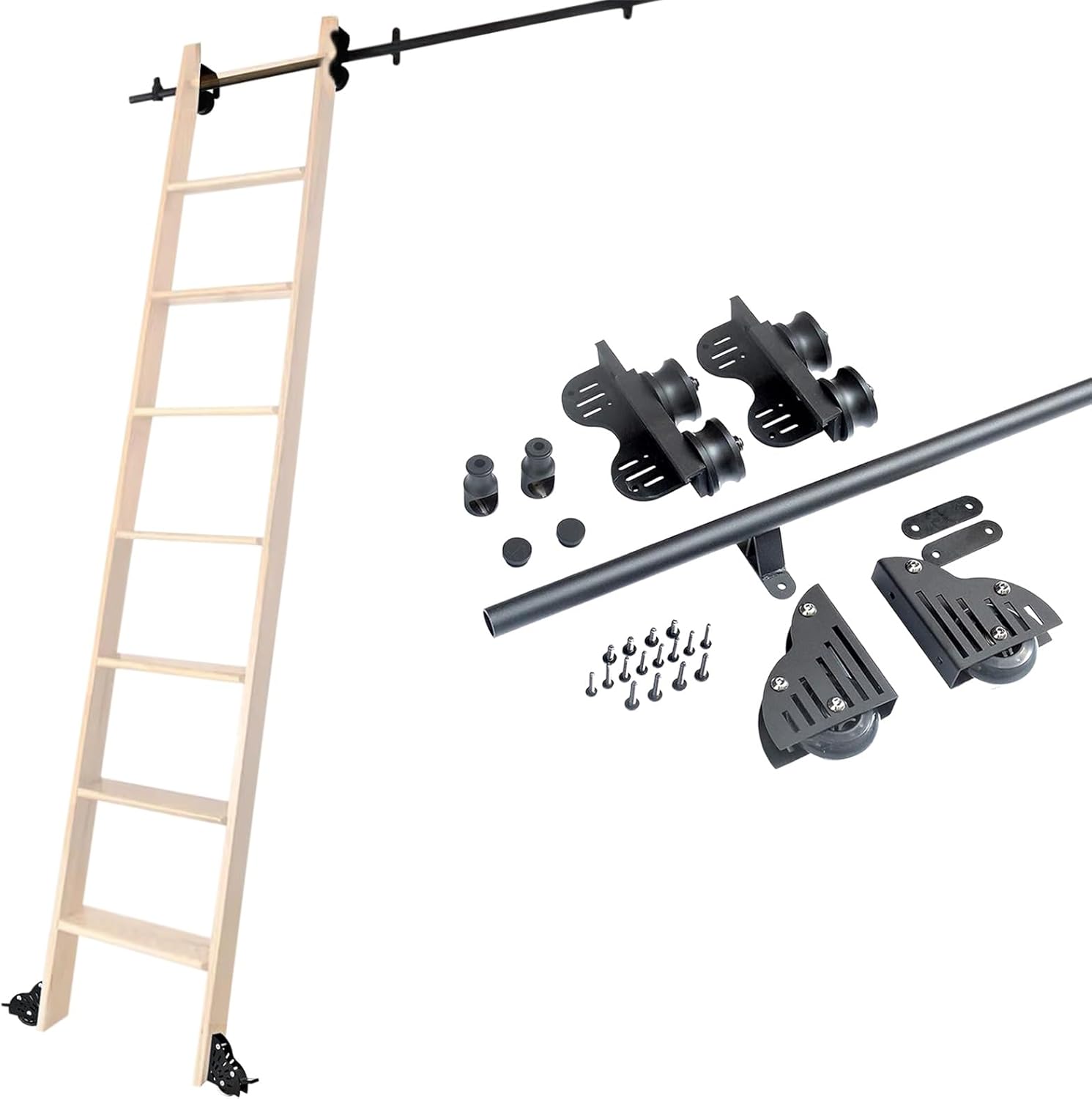 Library Retractable Sliding Ladder Hardware Kit 3.3ft-20ft Round Tube Mobile Ladder Track + Extention Accessories, Black Rolling Ladder Hardware Kit(6.6ft/200cm Track Kit)