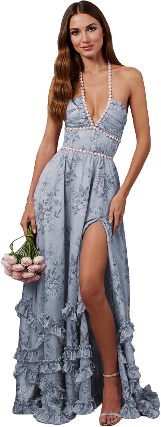 Floral Chiffon Bridesmaid Dress Pearl Halter Prom Dresses Ruffle Hem Long Evening Ball Gown with Slit DY246