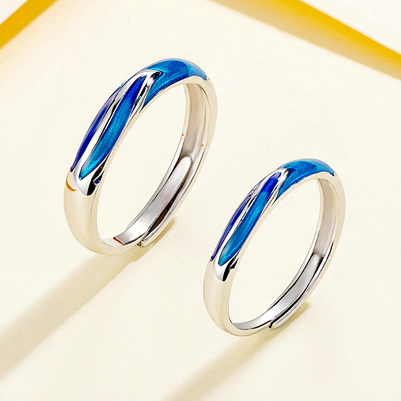 Eheringe Paar Set, zierliche Sterling Silber Ringe Blau Emaille Silber Blau verstellbar